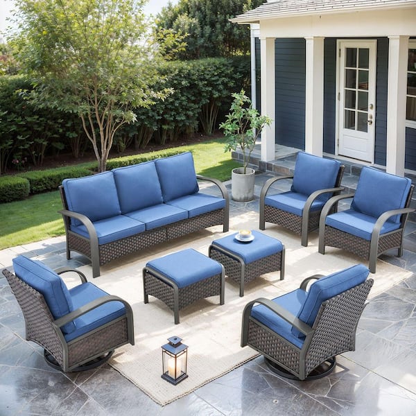 moosprr 7-Piece Brown Wicker Patio Conversation Set with Blue Olefin Cushions and Swivel Glider Chairs/Ottomans/Couch