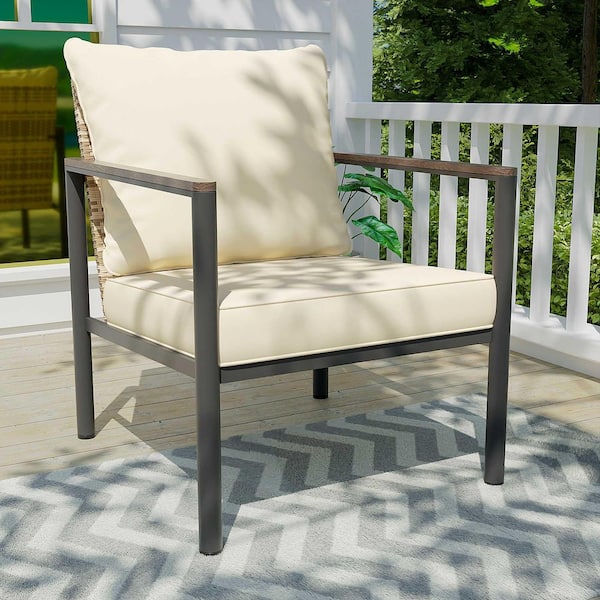 INMITOM Outdoor Patio Wicker Lounge Chair with Beige Cushions for Casual Seating