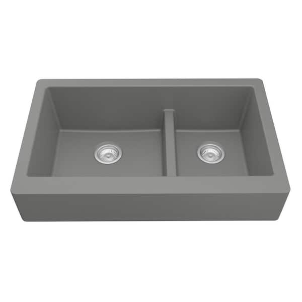 Retrofit Farmhouse/Apron-Front Quartz/Granite Composite 34 in. Double Offset Bowl Kitchen Sink in Grey