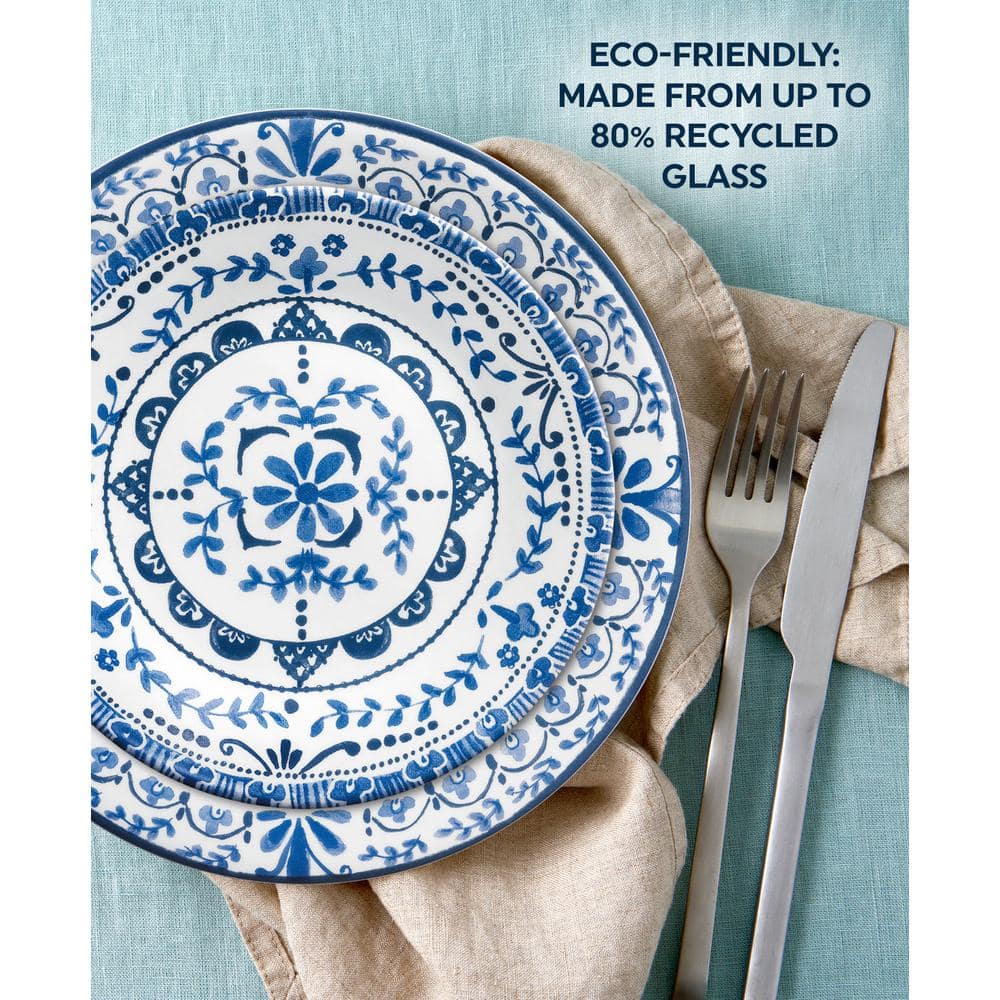 Portofino Blue Floral Vitrelle Glass Dinnerware Set, Service for 4