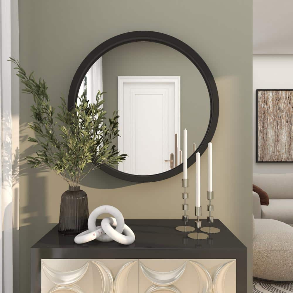30" Modern Round Wall Mirror with Sleek Wooden Frame