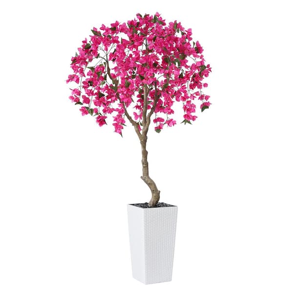 DR.Planzen 7 ft.Artificial Bougainvillea Flowers Tree UV Resistant with White Tall Planter for Outdoor Decor