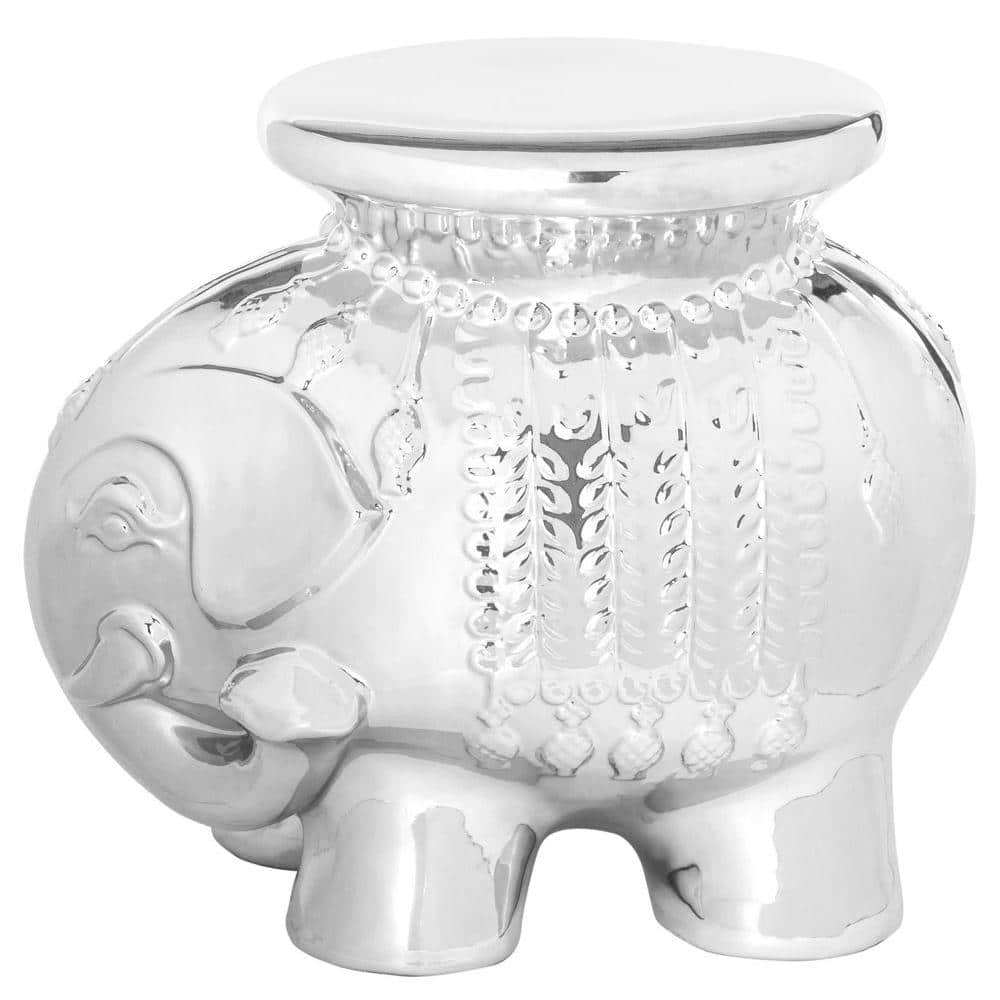 Silver Ceramic Elephant Garden Stool