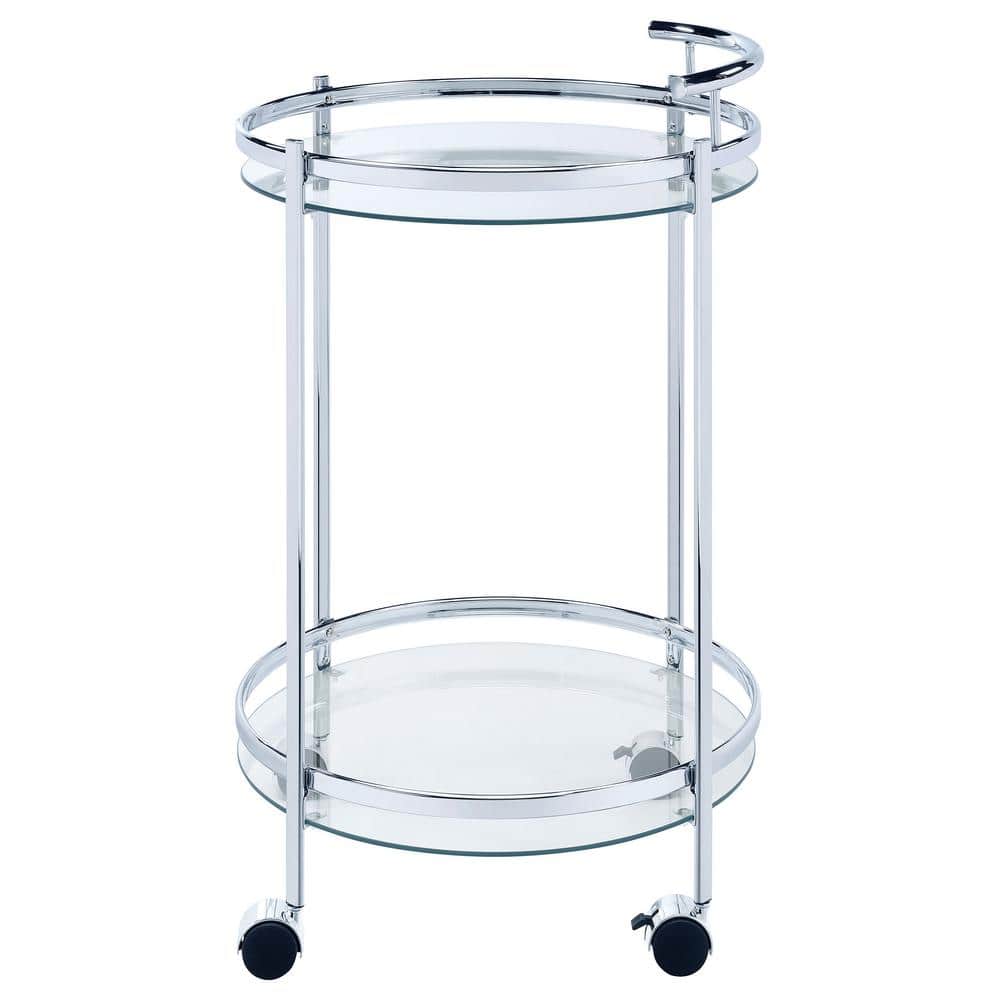 Modern Glam Silver Chrome Round Bar Cart with Tempered Glass Shelves