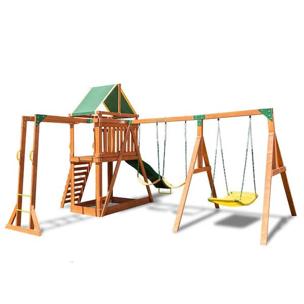 SPORTSPOWER Olympia Wood Swing Set with Slide and Monkey Bars