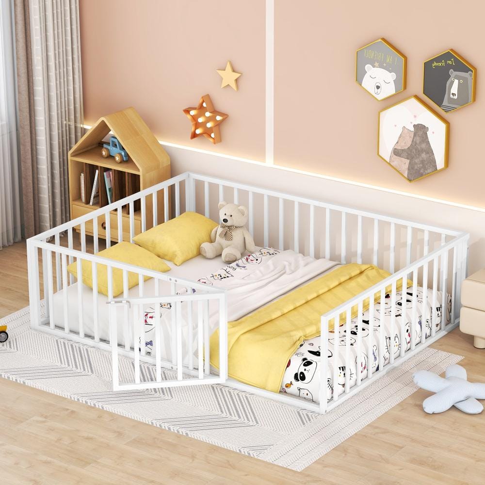 White Metal Frame Queen Size Platform Bed with Fence, Door price history on PriceWatchPro