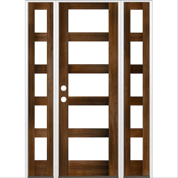 Krosswood Doors 60 in. x 96 in. Modern Hemlock Right-Hand/Inswing 5-Lite Clear Glass Provincial Stain Wood Prehung Front Door with DSL