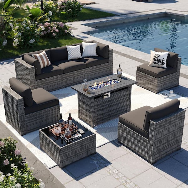Gray 8-Piece Wicker Rattan Outdoor Sectional Set with 50000 BTU Gas Fire Pit Table and Black Cushions, Coffee Table