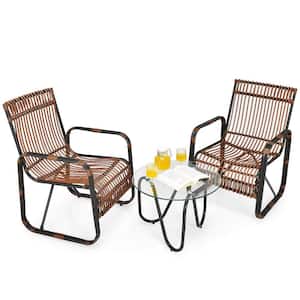 Brown 3-Piece Wicker Outdoor Bistro Set with Glass Table