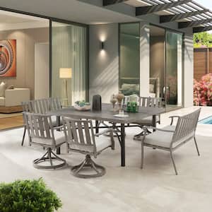 7-Piece Aluminum Outdoor Dining Set with Cushion, 4-Swivel Dining Chairs, 2-Dining Benches, Table