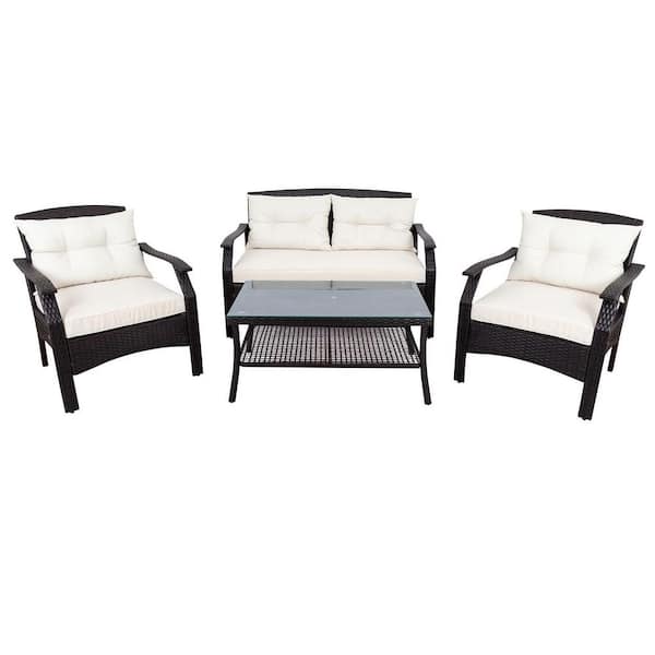 Tunearary 4-Piece Wicker Sofa Patio Seating Set with Beige Cushions and Tempered Glass Tabletop