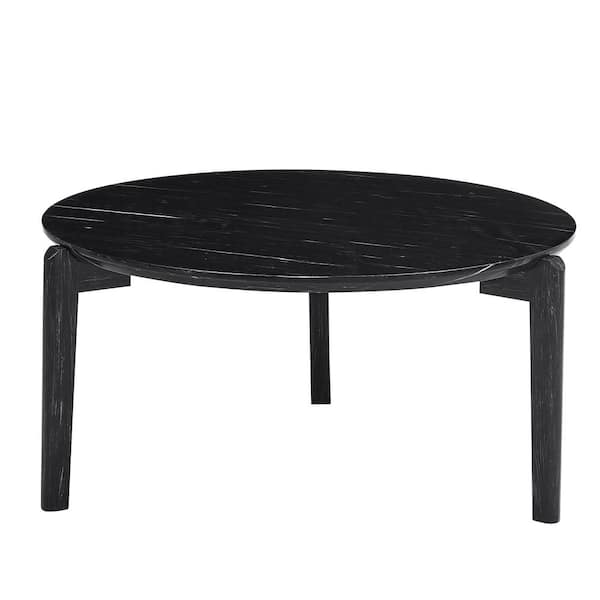 Tenleaf 36 in. Black Solid Wood Round Outdoor Coffee Table with Imitation Marble Tabletop