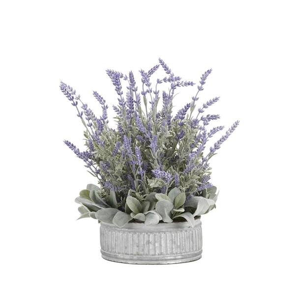 D&W Silks Indoor 15.5 in. Artificial Lavender in Round Tin Planter