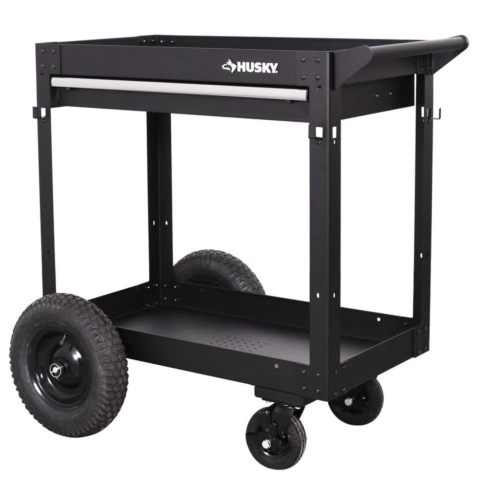 36 in. 1-Drawer 2-Tray Black All-Terrain Rolling Utility Cart