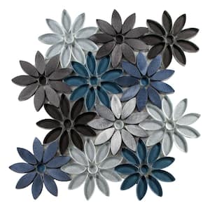 Fresh Qerbera Blue/Black/Gray 5 in. x 6.5 in. Floral Pattern Matte Glass/Metal Mosaic Tile Sample