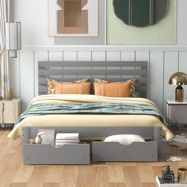 ANBAZAR Queen Size 61 in. W Gray Platform Bed with 2 Drawers, Wood 