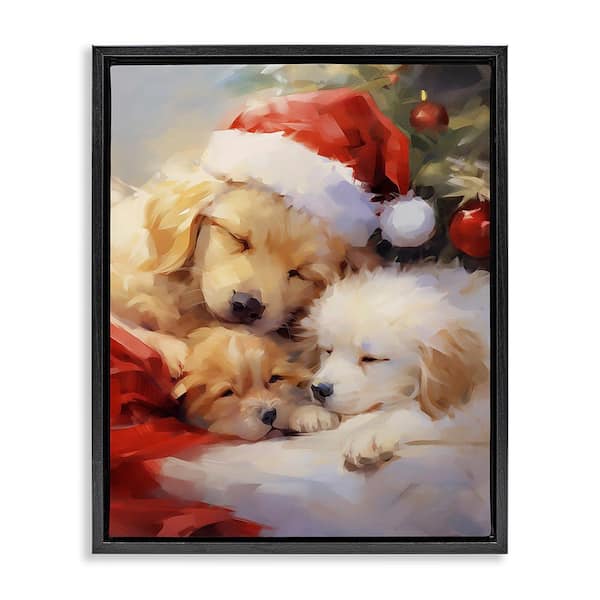 Stupell Industries Christmas Puppies Tree by Enrico McGarrigle 1-Piece Floater Frame Graphic Print Animal Poster Art Print 21 in. x 17 in.