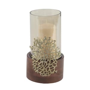 12 in. Smoked Beige Glass and Brown Mango Wood Hurricane Candle Holder with Gold Coral Accent