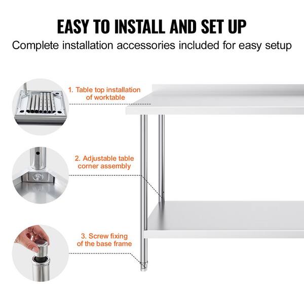 24 x 60 x 36 in. Stainless Steel Work Table Commercial Kitchen Prep Table Heavy Duty Work Table Adjustable Height