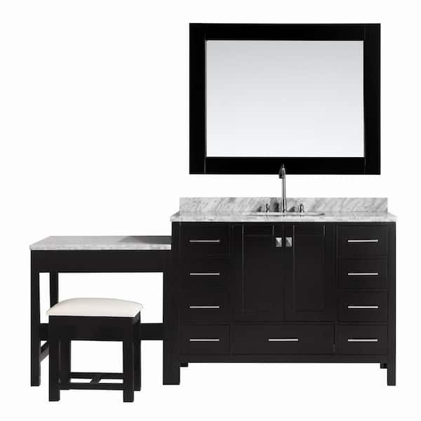 Design Element London 48 in. W x 22 in. D Vanity in Espresso with Marble Vanity Top in Carrara White, Mirror and Makeup Table