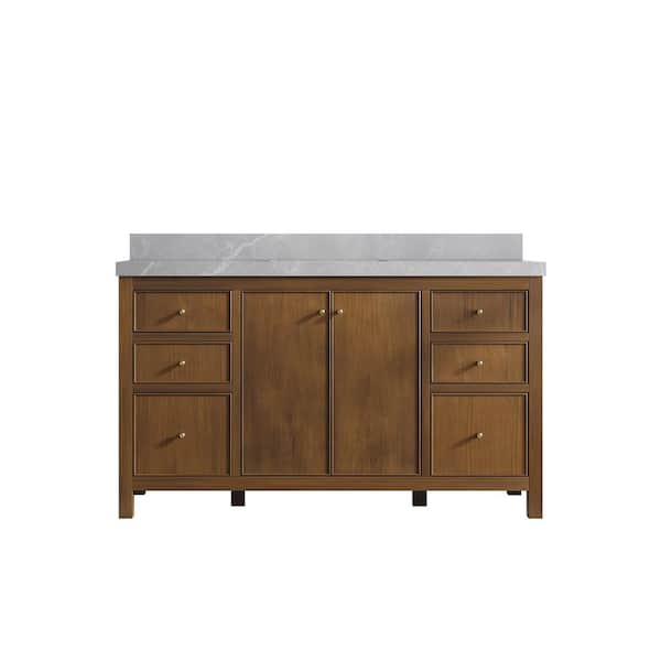 Willow Collections Chicago Teak 60 in. W x 22 in. D x 36 in. H Single Sink Bath Vanity in Dark Natural with 2 in. Pearl Gray Qt. Top