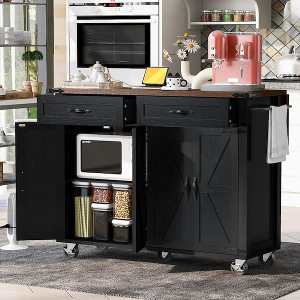 Timussi Black Rubber Wood Kitchen Cart with Drop Leaf and Power Outlet