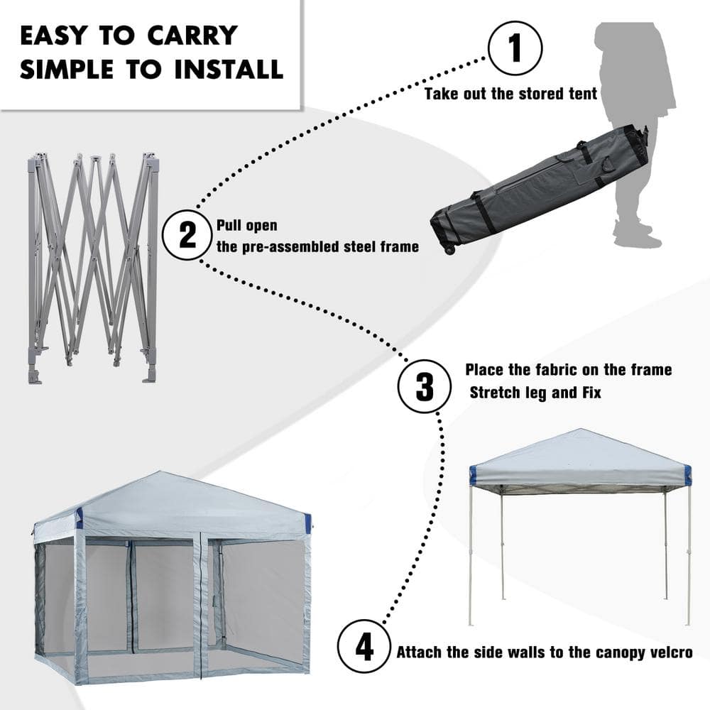 Gray 12 Ft Iron Pop-Up Canopy with Mesh Sidewalls and Roller Bag