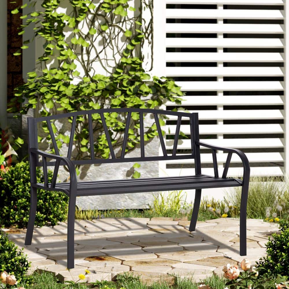 Black 50 in. 2-Person Iron Outdoor Garden Bench with Armrests