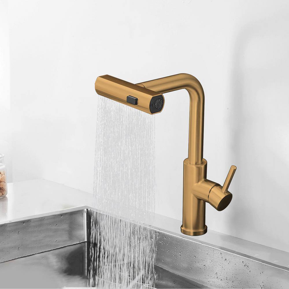 Brushed Gold Stainless Steel Single Handle Pull Out Kitchen Faucet