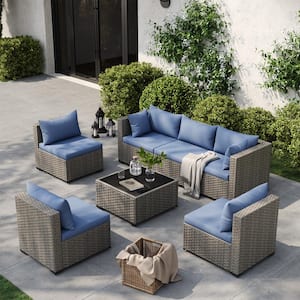 7-Piece Wicker Outdoor Patio Conversation Sofa Set, with Misty Blue Cushions, is Perfect for Casual Gatherings