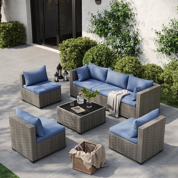 ELPOSUN 7-Piece Wicker Outdoor Patio Conversation Sofa Set, with Misty Blue Cushions, is Perfect for Casual Gatherings