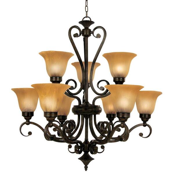 Yosemite Home Decor Florence Collection 9-Light Dark Venetian Bronze Hanging Chandelier with Marble Sunset Glass Shade