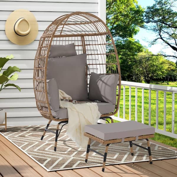 Oversized Brown Wicker Large Egg Chairs with Ottoman and Thick Gray Cushions for Porch, Backyard, Balcony, 2-Piece Set