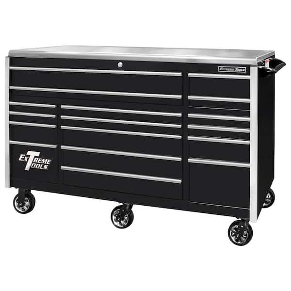 Extreme Tools EXQ 72 in. 17-Drawer Black Professional Triple Bank Roller Cabinet 300 lbs. Slides with Chrome Drawer Pulls