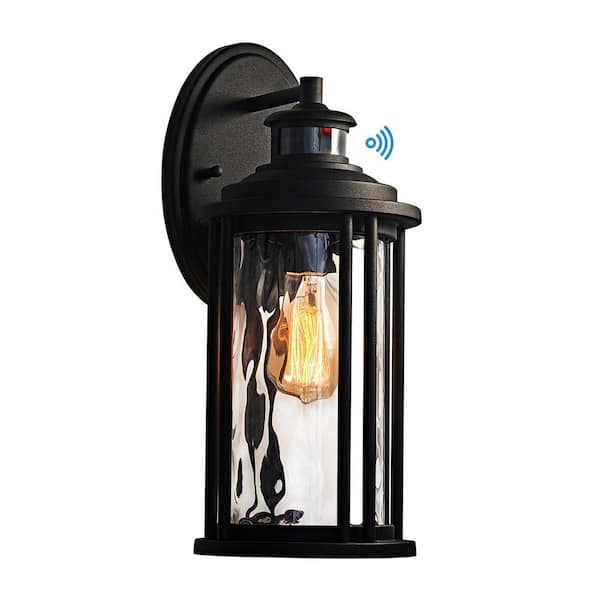 C Cattleya Black Motion Sensing Dusk to Dawn Outdoor Hardwired Wall Lantern Scone with Water Glass and Bulb Included