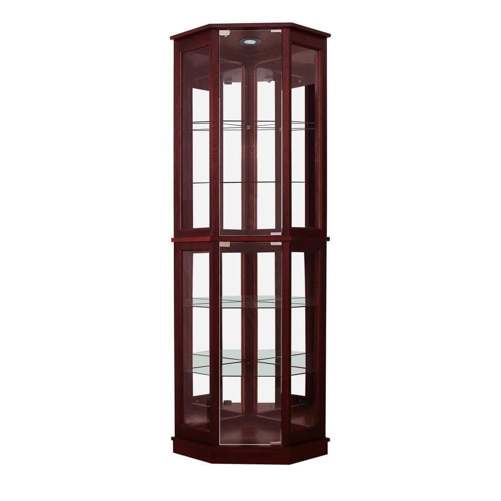 Cherry Lighted Corner Curio Cabinet with Glass Shelves