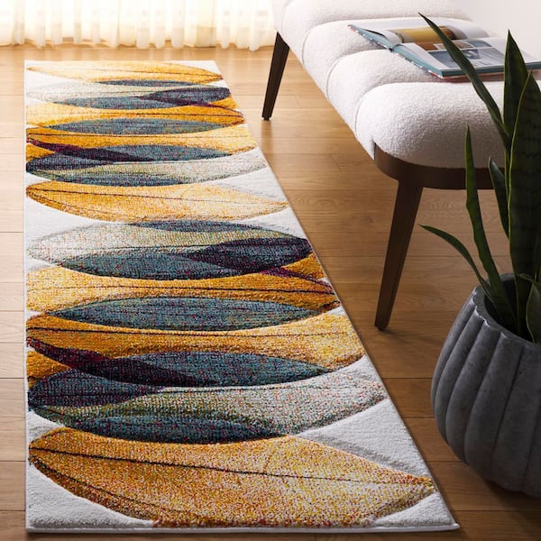 Hollywood Gold/Blue 2 ft. x 8 ft. Abstract Geometric Runner Rug