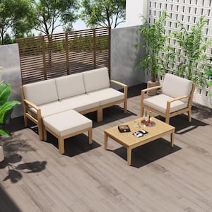 6 Piece Acacia Wood Patio Conversation Set with Beige Cushions, Coffee Table and Ottoman
