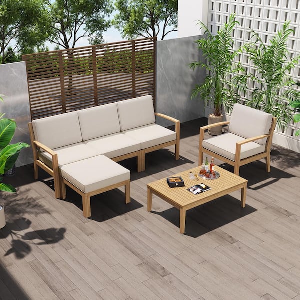 Harper & Bright Designs 6 Piece Acacia Wood Patio Conversation Set with Beige Cushions, Coffee Table and Ottoman