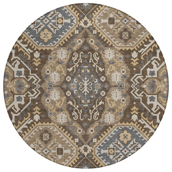 Chantille Machine Washable Indoor/Outdoor Abstract ACN3103 Chocolate 8 ft. x 8 ft. Round Rug