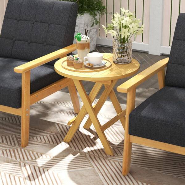 Kadehome 20 in. W Round Folding Teak Side Table Slatted Top End