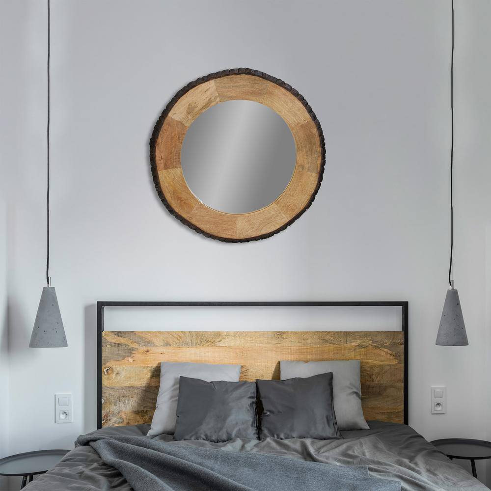30.5" Round Brown Mango Wood and Glass Wall Mirror