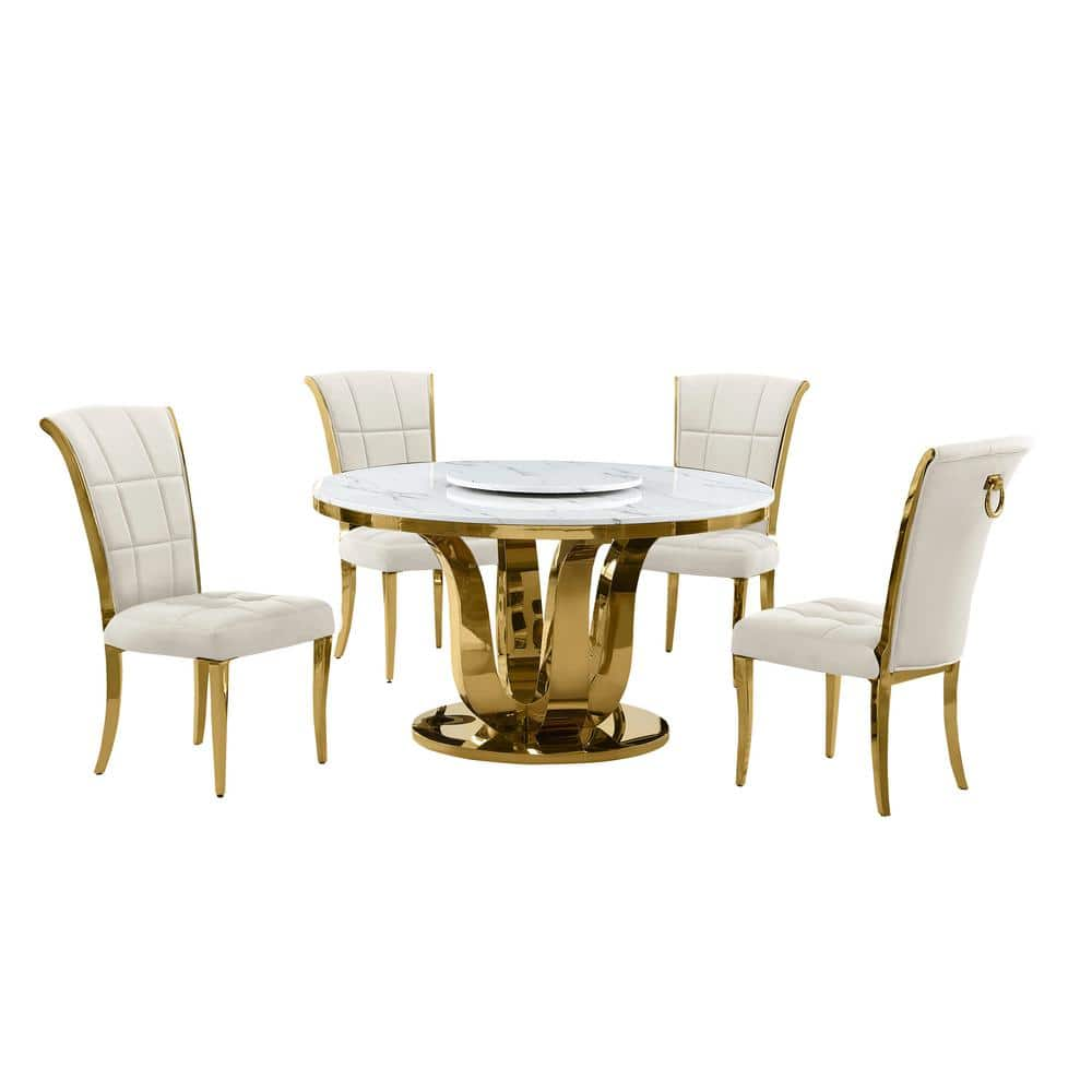 Farrah 5-Piece Round White Marble Top Lazy Susan Gold Stainless Steel Base Dining Set With 4 Cream Velvet Chairs -  Best Quality Furniture, D325-4SC327