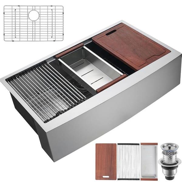 36 in. Farmhouse Kitchen Sink 304 Stainless Steel Drop-In Sinks, Top Mount Single Bowl Basin with Ledge and Accessories