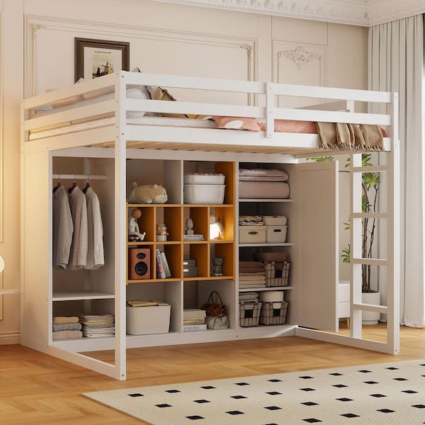 Space-Saving White and Yellow Full Size Wood Loft Bed with Open Wardrobe, Shelves, Cabinet and Ladder