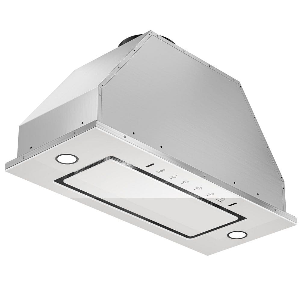 36 in. 600 CFM Convertible Insert Range Hood in Stainless Steel with White Glass, Carbon Filters, LED Lights and Gesture