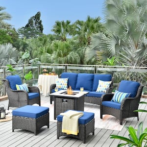 Eclogue Brown 6-Pcs Wicker Outdoor Patio Fire Pit Seating Sofa Set and with Navy Blue Cushions