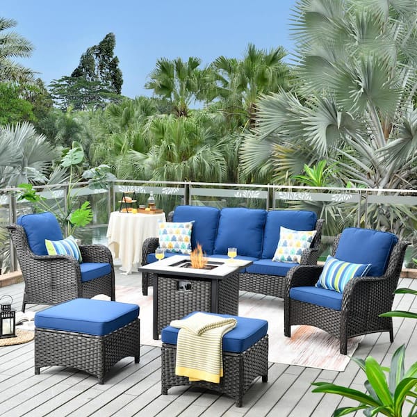 XIZZI Eclogue Brown 6-Pcs Wicker Outdoor Patio Fire Pit Seating Sofa Set and with Navy Blue Cushions
