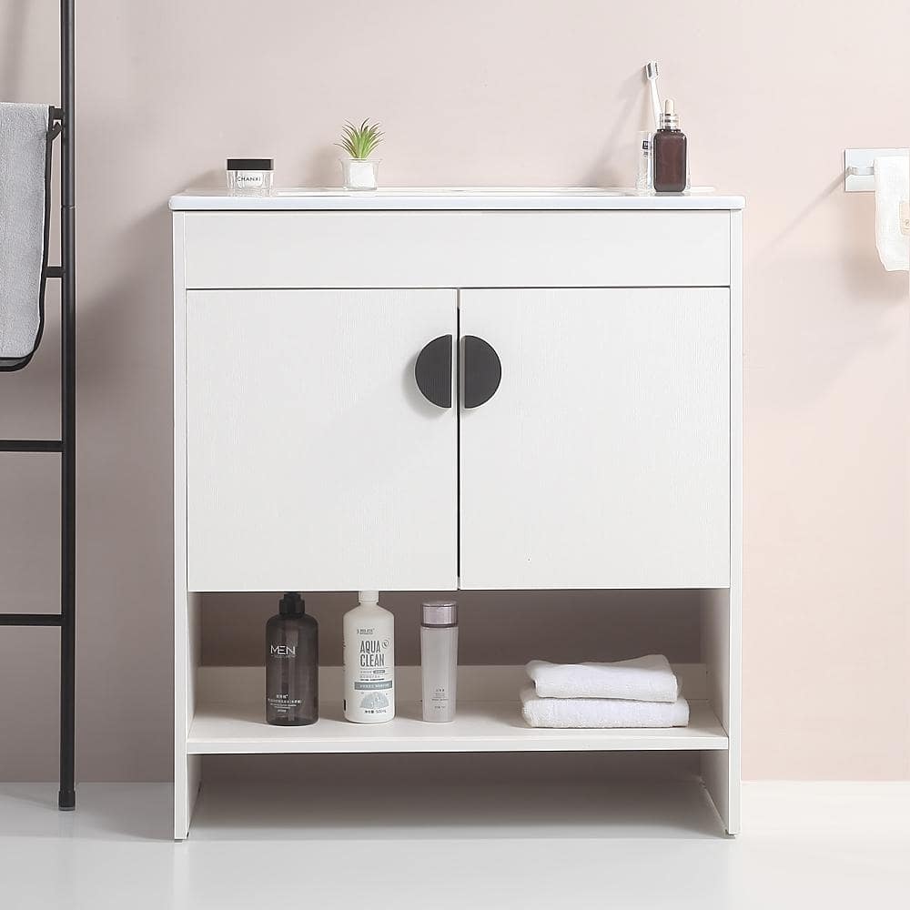 30 in. W x 18 in. D x 32 in. H Single Sink Freestanding Bath Vanity in White with White Ceramic Top, Open Shelves price history on PriceWatchPro