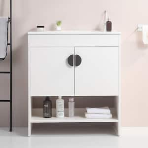 30 in. W x 18 in. D x 32 in. H Single Sink Freestanding Bath Vanity in White with White Ceramic Top, Open Shelves